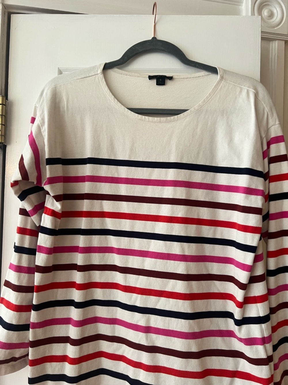 J. Crew Cream Striped Top with Pink, Red, Navy, and Brown Stripes